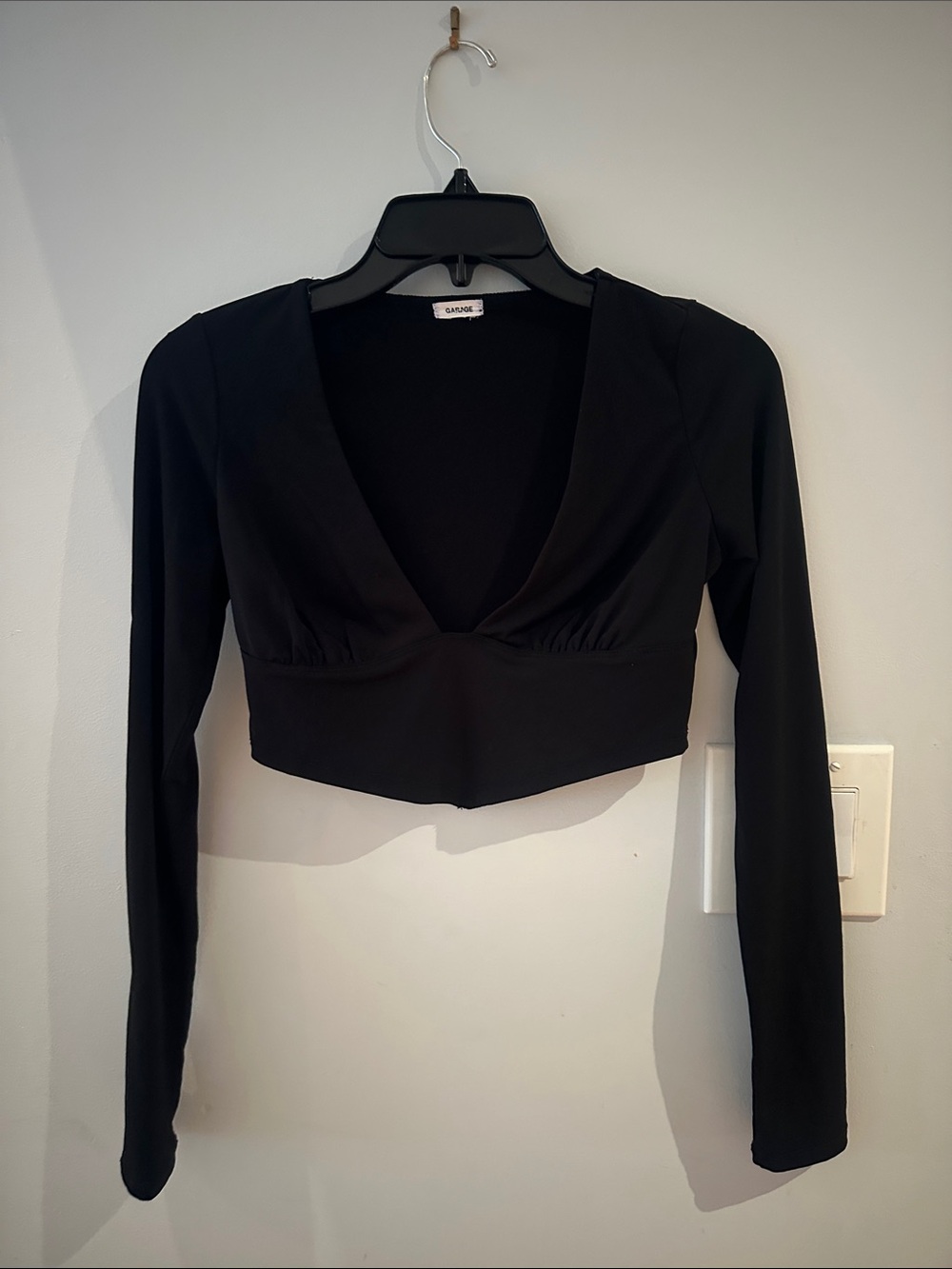 Garage Black Deep V Cropped Long Sleeve Top — Fitted Silhouette